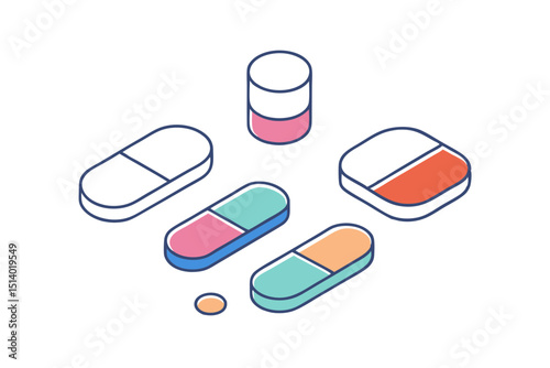 Isometric Icon Set of Pills and Capsules on White Background