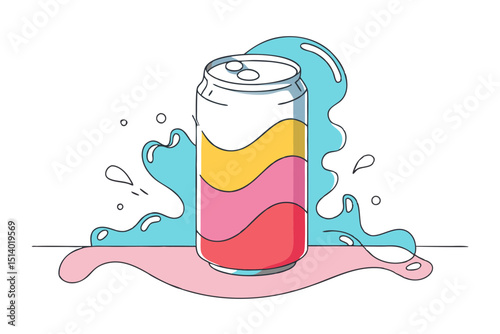 Refreshing Soda Can with Fizzing Splash Line Art
