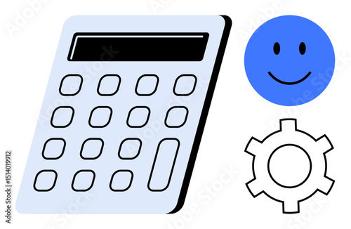Calculator conveys finance and calculation, happy face signifies positivity, gear represents process. Ideal for finance, education, productivity, innovation, strategic planning, technology simple