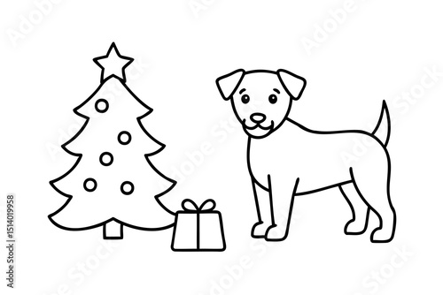 Cute dog christmas tree present line art illustration