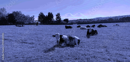 Cows rest in a grassy field under a pink-streaked sky, surrounded by trees and rolling hills—a serene rural scene in Harden, Bingley, UK.
 photo