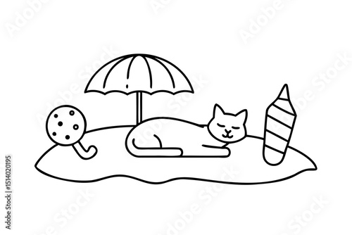 Cute cat napping under beach umbrella summer fun