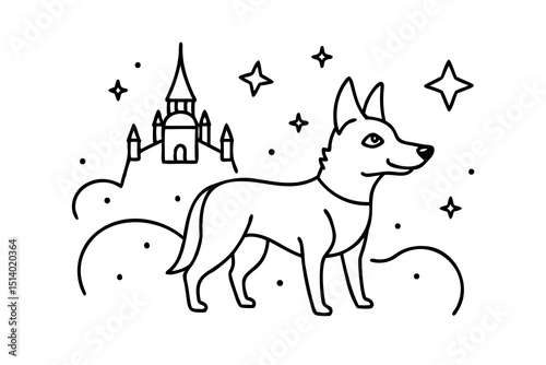 Magical dog standing before fairytale castle under stars