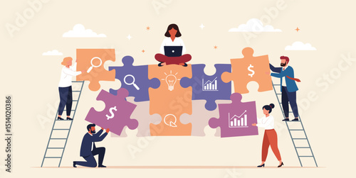Business Teamwork concept. Contemporary flat style abstract vector illustration of a company of diverse people putting together a huge puzzle details