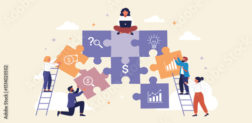 Business Teamwork concept. Contemporary flat style abstract vector illustration of a company of diverse people putting together a huge puzzle details