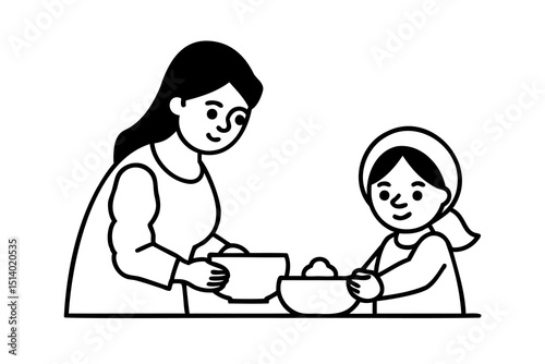 Mother and daughter preparing food together in kitchen bowls