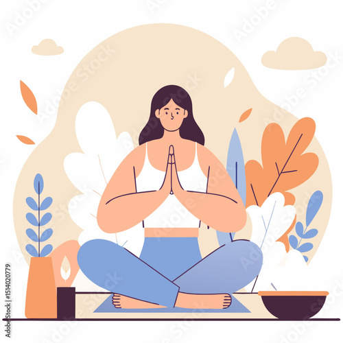 Woman Practicing Deep Breathing – Flat Vector Illustration for Anxiety Relief and Mindfulness