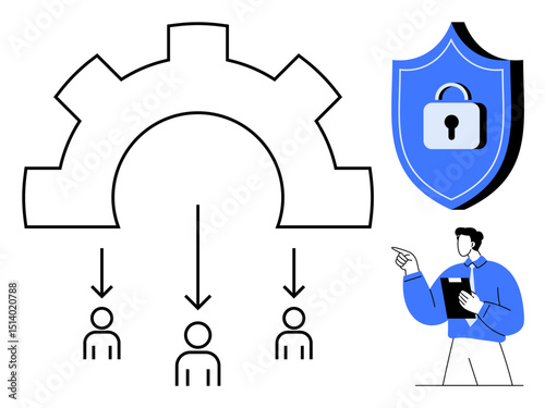 Gear distributing tasks to team members, shield with lock symbolizing data security, professional pointing to process flow. Ideal for management, teamwork, security, efficiency, innovation