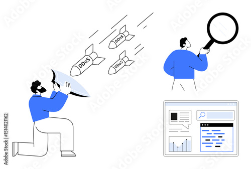 Individuals use a shield to block DDoS missiles, magnify threats, and analyze data on a dashboard. Ideal for cybersecurity, data analysis, online safety, IT, network protection, risk management