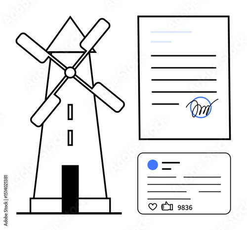 Windmill next to signed document and social media post details. Ideal for sustainability, renewable energy, legal signing, clean technology, digital interaction, e-commerce, simple landing page