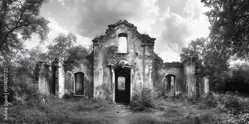 Monochrome vision of an abandoned building consumed by nature and time's passage
