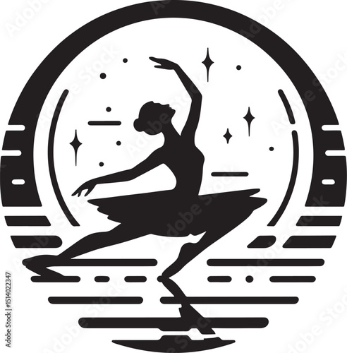Ballerina silhouette in a circle. Ballet school. Vector illustration.