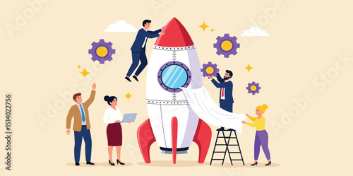 Business Startup Concept. Vector cartoon illustration of a group of diverse people in business suits assembling a rocket for launch. 