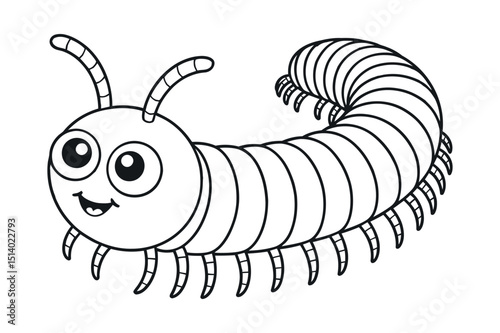 Cute Cartoon Centipede Outline Illustration for Coloring Books and Educational Materials Featuring a Smiling Face and Many Legs on White Background