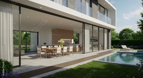 Vista del exterior de una lujosa casa moderna con comedor y jardín.