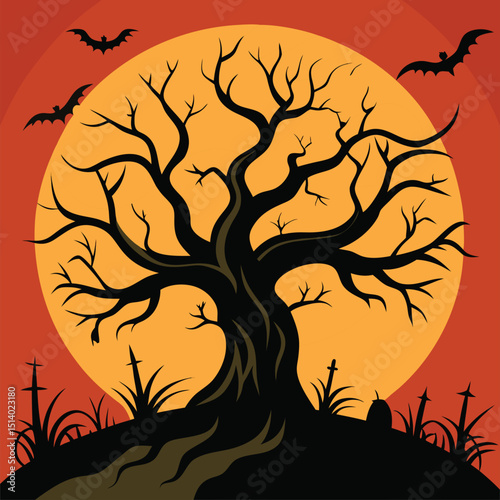 Eerie Halloween Night A Silhouette of a Creepy Tree Bats Flying Around A Full Moon