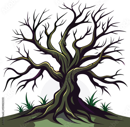 Eerie Twisted Tree with Bare Branches A Haunting Illustration of Nature's Mysterious Beauty in the Darkness of the Forest