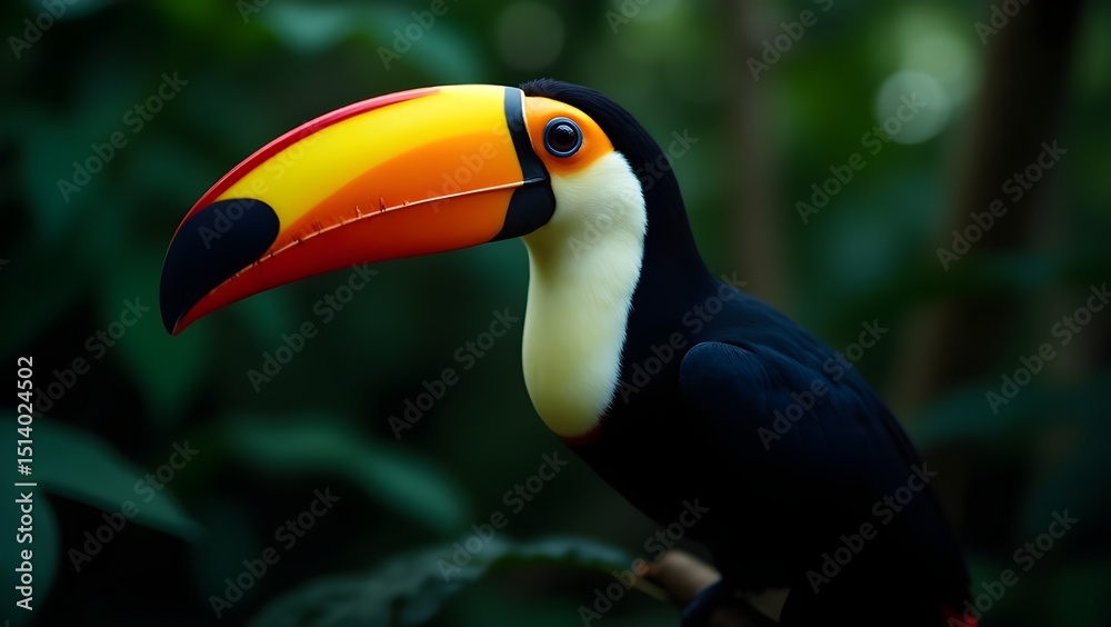 Naklejka premium Toucan perched on a branch in a tropical rainforest surrounded by green jungle plants