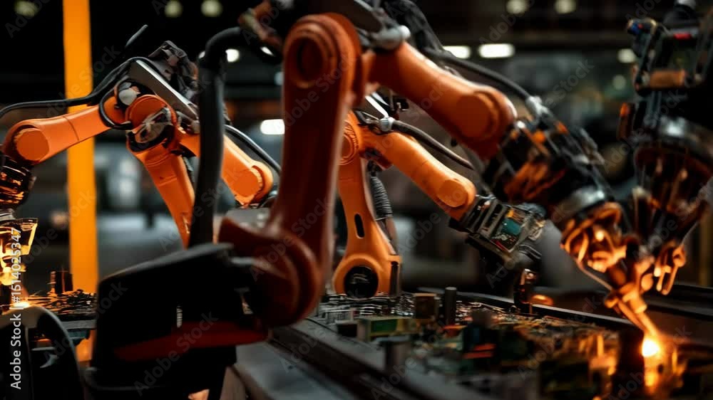 Automated robotic arms precisely welding and assembling electronic circuit boards in a modern industrial manufacturing factory with sparks. Automated robotic arms precisely welding and assembling electronic circuit boards in a modern industrial manufacturing factory with sparks.