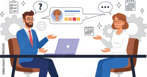 Business Job Interview concept. Vector cartoon illustration of a man in suit asking questions and a woman answering them while sitting at a table.