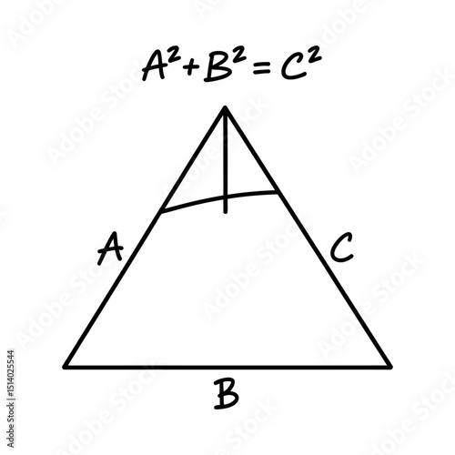 Hand Drawn Right Triangle with Altitude and Pythagorean Theorem Black Lines on White Background Educational Illustration
