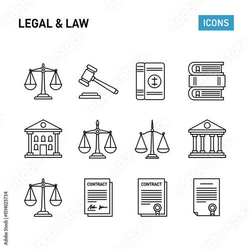 Legal Icons: A collection of symbolic illustrations depicting legal and law elements, including scales of justice, gavel, law books, courthouse and contract.