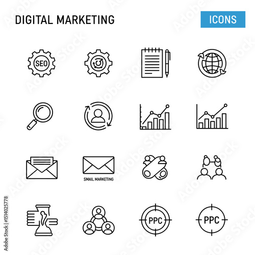 Digital Marketing Icons: A collection of sixteen clean and modern digital marketing icons, representing key concepts such as SEO, email marketing, PPC, and social media. Ideal for website design.