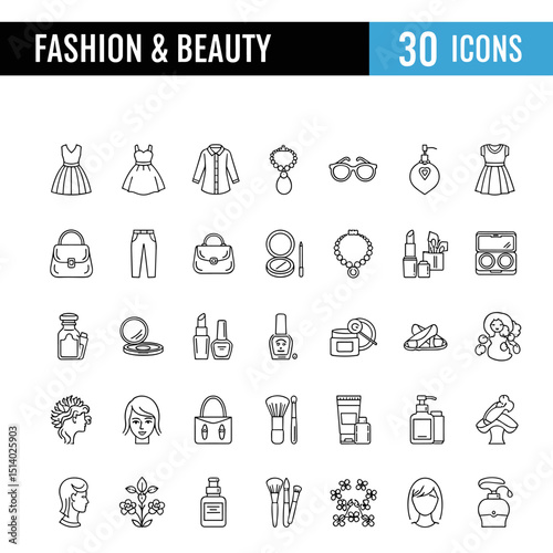 Fashion & Beauty Icon Set: A comprehensive collection of 30 line icons meticulously crafted to represent fashion and beauty, perfect for various creative projects and design needs.