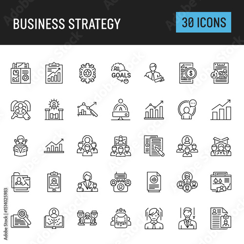 Business Strategy Icons: A clean and organized set of 30 distinct business strategy icons, each one carefully crafted with modern lines, ready for use in presentations, infographics.