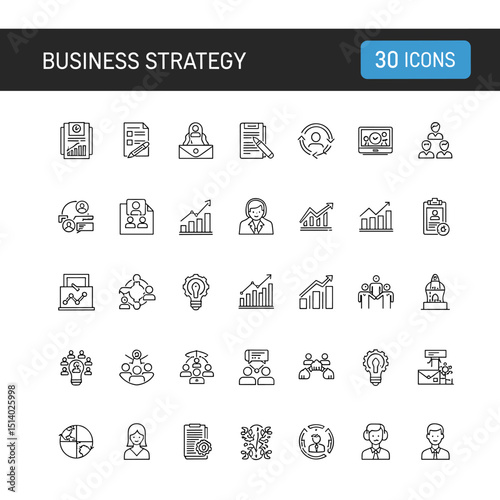 Business Strategy Icons: An organized arrangement of 30 precisely crafted icons symbolizing various aspects of business strategy, planning, and development.