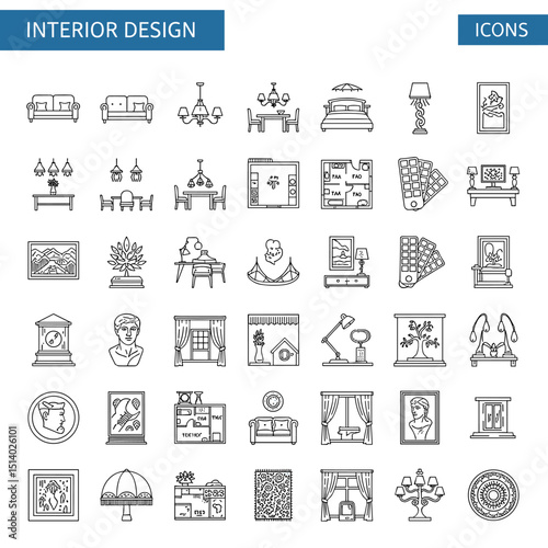Interior Design Icons: A meticulously crafted collection of illustrative icons representing various elements of interior design.