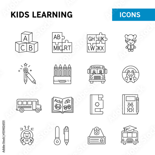 Kids Learning: An eye-catching illustration presents educational icons for kids. Featuring building blocks, puzzles, pencils, a school bus, and more, the image creates learning experiences.
