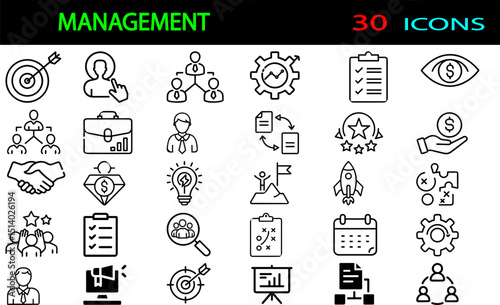 Business Management set of web icons in line style. Management icons for web and mobile app. Media, Teamwork and Marketing, mission, business, planning, strategy, marketing. Vector illustration