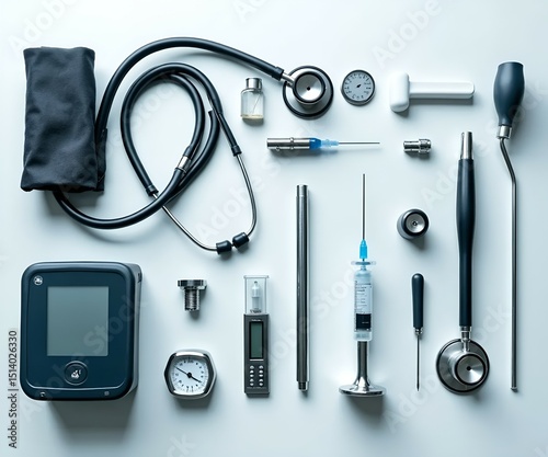 Medical Equipment Set with Diagnostic and Surgical Tools on White Surface
