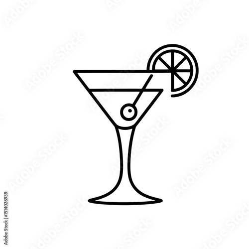 A minimalist line drawing depicts a cocktail glass with a lemon wedge and an olive on a toothpick