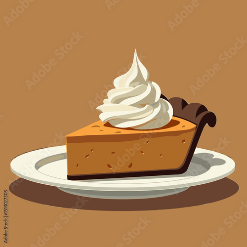 Slice of pumpkin pie with whipped cream on a plate against brown background  