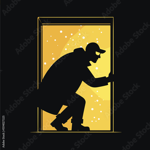 Intruder silhouette climbing through a window at night  