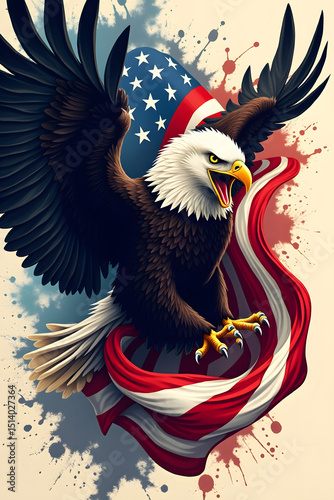 Patriotic Eagle's Roar: An impressive illustration of a bald eagle, its wings spread wide, amidst a backdrop of the American flag, embodying national pride.