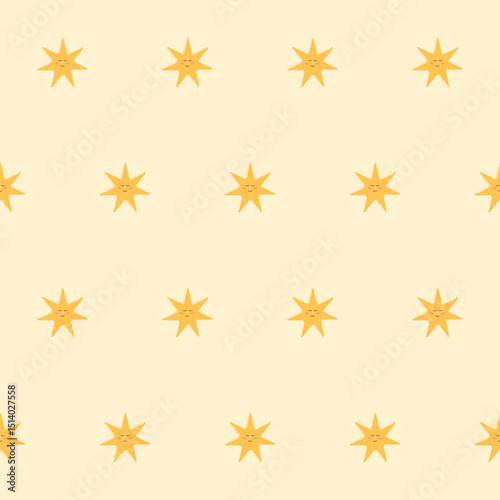 Funny Cute Cartoon Star Seamless Pattern Background. Positive Bright Kid Textile Fabric Print. Birthday Party  Gift Wrapping Paper. Star Baby Nursery Wallpaper design. 