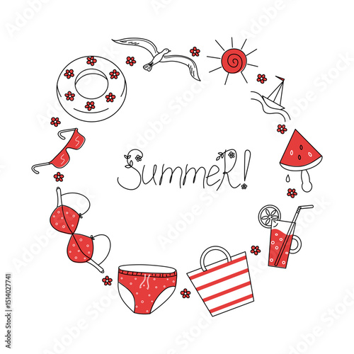  Summer beach set. Frame, banner, hand lettering. Cartoon attributes of seaside holidays, vacations, travel, linear icons. Illustration, isolated background. Place for text.