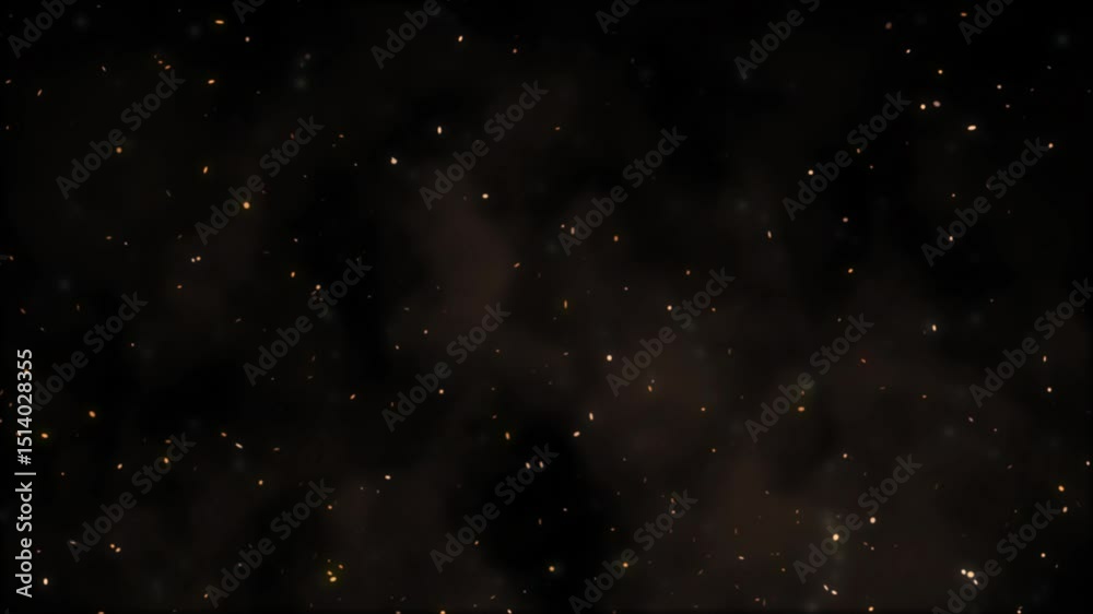Dark fiery ember background. Glowing orange dots rising in front of smokey black backdrop. Seamless loop.