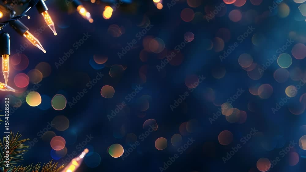Festive illuminated string lights and evergreen boughs frame a dark blue bokeh background, conjuring a mood of cozy holiday cheer and serene winter ambiance.