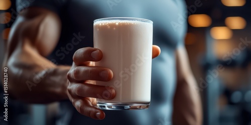 Fitness enthusiast holds a protein shake in a gym setting, showcasing strength and dedication to health