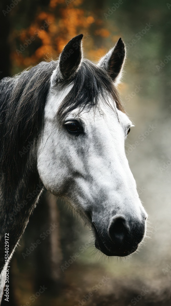 Naklejka premium Beautiful gray horse with long flowing mane in a serene forest setting during the daytime
