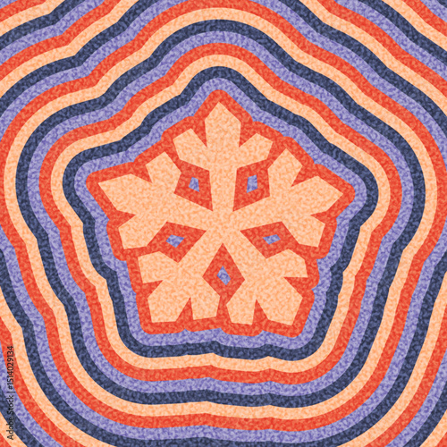 Abstract snowflake design in peach and red with purple ripple effect. Vector illustration with retro flair.