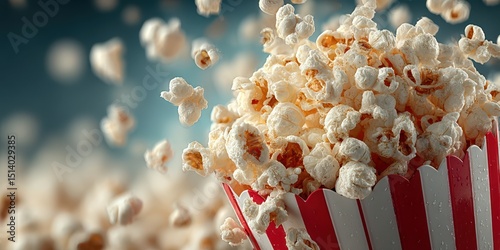 Popcorn fills a classic red and white striped container, capturing the joy of movie nights at home or in the theater during evening entertainment