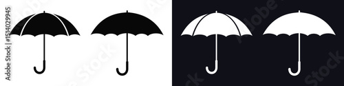 Four stylized umbrella icons, two black and two white, ideal for representing rain protection, weather, or sunshade.
