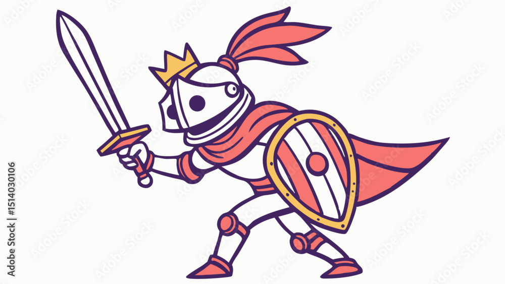 Fototapeta premium Illustration of a cartoon knight with a sword and shield wearing a crown and armor