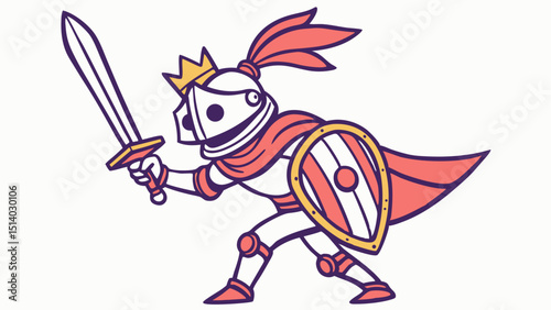 Illustration of a cartoon knight with a sword and shield wearing a crown and armor
