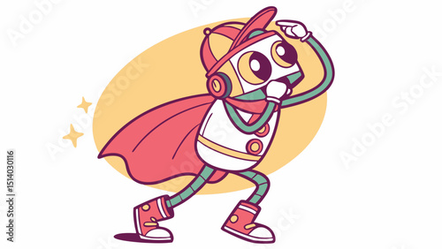 Illustration of a cartoon robot wearing a cape and hat pointing upwards with stars around